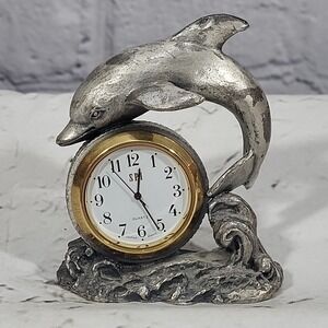 Vintage Pewter Quartz Desk Clock Dolphin Figural‎ Coastal Motif Flaw-Non Working